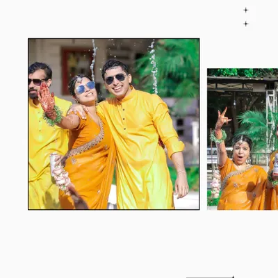 A collage capturing the high-energy "vibin' high" feel of a Haldi ceremony. The couple is seen getting drenched and having a blast with friends.