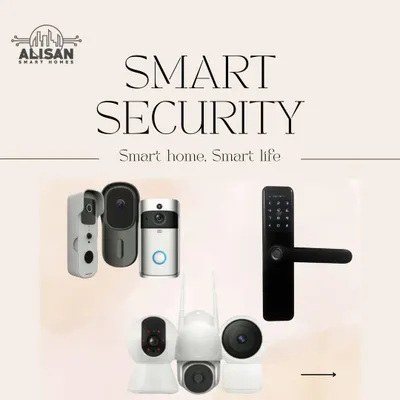 This image showcases a collection of our smart security products. It includes various indoor and outdoor cameras, video doorbells, and a smart door lock, all designed to work together for your safety.