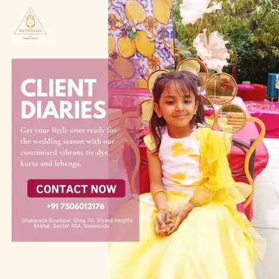 A happy client ready for a wedding celebration in her custom tie-dye lehenga. The bright yellow skirt is paired with a simple white top, creating a fresh and modern ethnic look that's both playful and elegant.