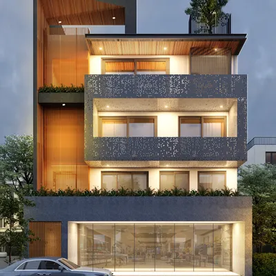 A mixed-use building concept featuring a stunning perforated screen on the upper residential floors for privacy and aesthetic appeal. The ground floor is designed with expansive glass, making it ideal for a high-end retail showroom, while a rooftop tree adds a touch of nature.