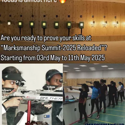 An invitation to the ultimate test of precision and focus. This promotional graphic for the Marksmanship Summit highlights the different disciplines and the professional setting of our Bangalore shooting events.
