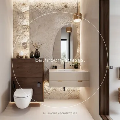 This bathroom design features a stunning rough-textured stone accent wall, beautifully highlighted with indirect lighting. The floating wooden vanity and minimalist fixtures create a perfect balance of rustic and modern aesthetics.