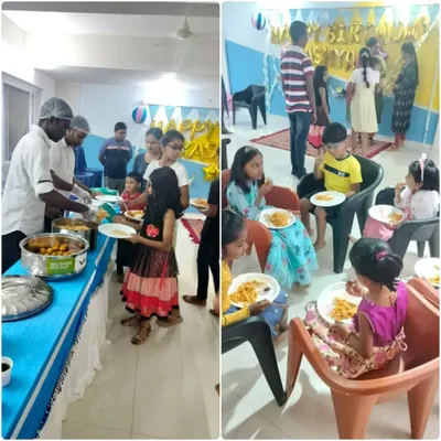 Our team serving guests at a first birthday party. We managed a crowd of 95 with a full buffet setup, ensuring all the kids and adults enjoyed a hot, delicious meal.