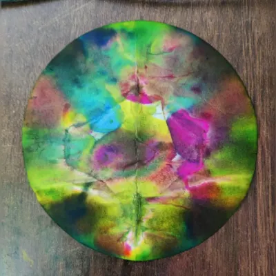 A random moment of art at PCL. This beautiful, colorful pattern was created during a chromatography experiment, where we separate the pigments in ink using a solvent.