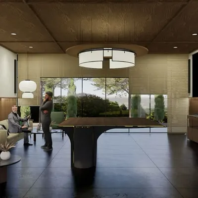 A render for the 'Inhabiting The Forest' experience center, designed to be a dialogue between architecture and nature. This view shows the main lounge area, with its warm wood ceiling, refined furniture, and large windows that frame the landscape.