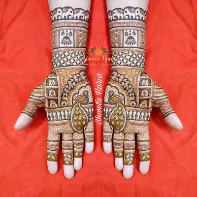 An elegant design for the mother of the bride, featuring peacocks, jhumkas, and a band of elephants for a touch of royalty.