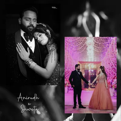 A modern couple's portrait from their engagement night. I wanted to capture both their stylish outfits and the quiet connection between them, creating a timeless black and white photo alongside a shot that shows the grand decor.