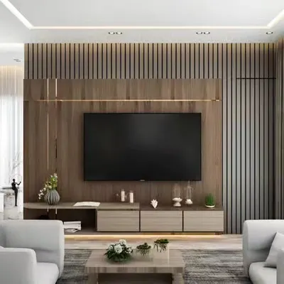 A modern living room featuring a floor-to-ceiling slatted wood panel wall, a low-profile media console, and minimalist white sofas, creating a clean and sophisticated entertainment space.