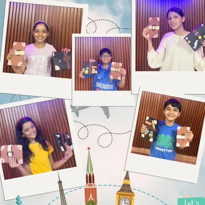 Our summer camps are an adventure in creativity. This collage shows highlights from our 'Around the World' themed camp, where kids designed their own passport notebooks. Each day brought a new country and a new craft to explore.