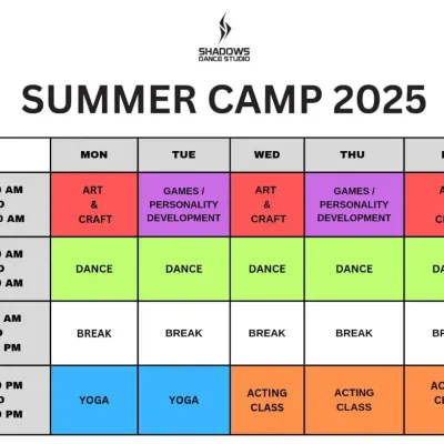 This is the daily blueprint for our kids' summer camp. You can see how we dedicate time for physical activities like dance and yoga, creative outlets like art and acting, and important breaks. This structure ensures a well-rounded and stimulating day for every child.