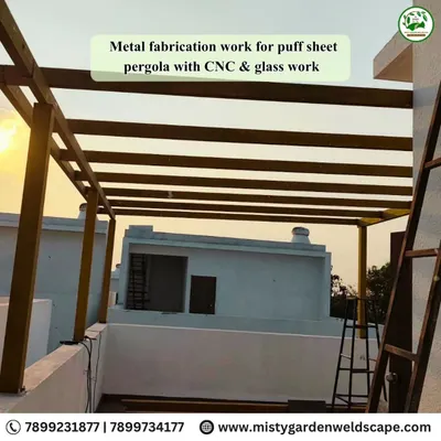 The initial stage of a pergola project at Natura Atavi. This image shows the metal fabrication work for a puff sheet pergola that will also incorporate CNC and glass elements.