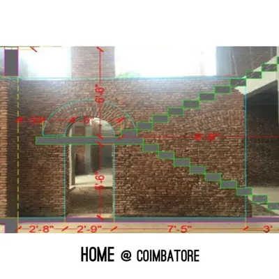 A work in progress shot from a home in Coimbatore, with our design overlay. We planned the new staircase to complement the existing brick arch, weaving the new structure into the old without overpowering it.