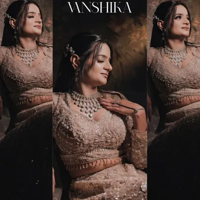 A collage of bride Vanshika from her sagan ceremony, showcasing her radiant look from different angles.