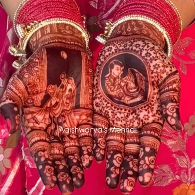This is the beautiful, dark stain you can expect from my henna. The portrait of the couple is clear and rich in color, a perfect memory of their special day.