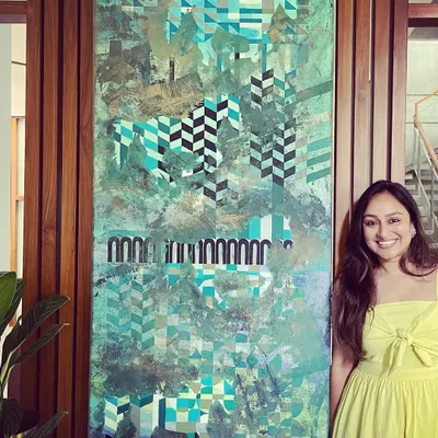 I love the challenge of a large canvas. This 8-foot panel, which subtly incorporates horse motifs within its geometric design, was created to be a commanding presence in a private residence.