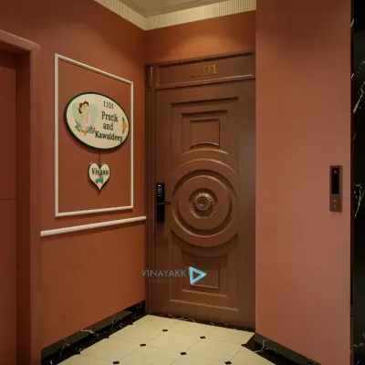 A personalized entrance makes a house feel like a home. This custom nameplate is the first thing you see, set against a warm, dusty rose wall that creates an inviting and personal welcome.