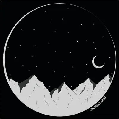 A simple, stark illustration of mountains under a starry night sky. Inspired by a Neil Gaiman quote, it captures a feeling of quiet solitude and the slow, sad dance of the infinite stars.