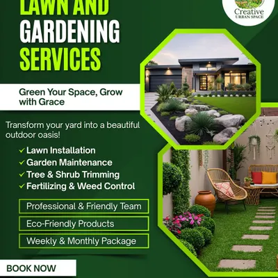 For those with larger outdoor spaces, we offer a full suite of lawn and gardening services to create and maintain your personal oasis. This graphic outlines our core offerings, which include professional lawn installation, garden maintenance, tree and shrub trimming, and eco-friendly fertilizing and weed control, available in convenient packages.