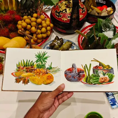 Here are my two finished watercolor sketches of a beautiful spread of Thai food and fruits. The colors were so vibrant, I just had to paint them. This was such a delicious and inspiring session.