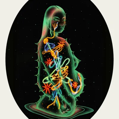 "Bioluminescence I," the first piece from my thesis series "The Nature of Being." This illustration visualizes the inner light and energy of the feminine form, drawing a parallel between human biology and the luminous organisms of the natural world.