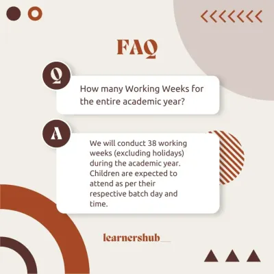 Parents often ask about our academic calendar. This FAQ explains that we conduct 38 working weeks in a year, excluding holidays, and children are expected to attend as per their scheduled batch time.