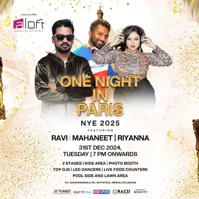 The official poster for 'One Night in Paris' NYE 2025 at Aloft Bengaluru. A massive event with two stages, LED dancers, and non-stop music.