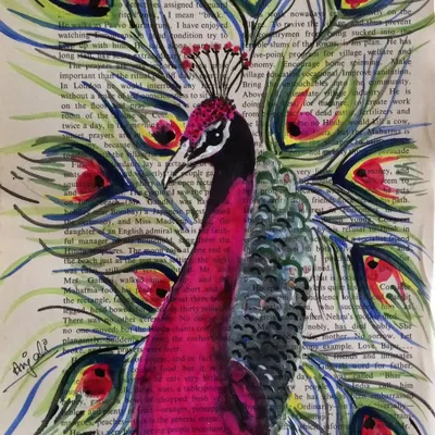 A vibrant peacock painted over a vintage book page. The bird's brilliant pink plumage and detailed feathers create a beautiful contrast with the underlying text, making it a striking piece of upcycled art.