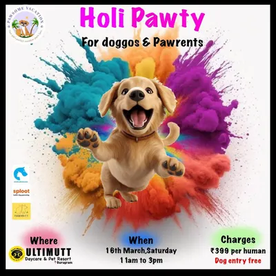 The official poster for our "Holi Pawty," inviting doggos and their pawrents for a day of safe, colorful fun. We partner with great brands to ensure goodie bags and a memorable experience for everyone.