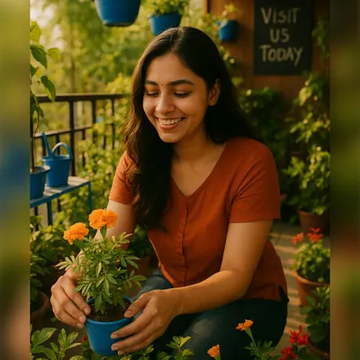This balcony makeover features a mix of flowering marigolds in vibrant blue pots and hanging planters to maximize the vertical space. It’s a cheerful and practical design that brings a lot of greenery into a small area.