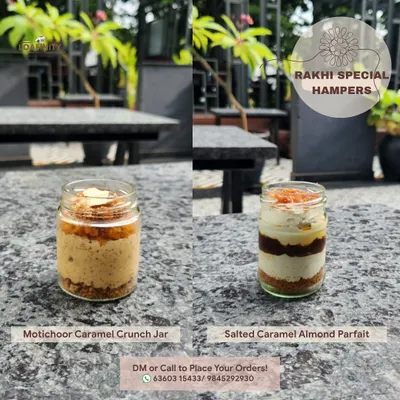 Salted Caramel Almond Parfait and Motichoor Caramel Crunch Jar sit together in our earlier seasonal Rakhi hamper presentation.