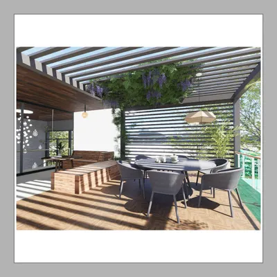 The outdoor dining terrace for the Courtyard Glasshouse, featuring a slatted pergola that creates dynamic light and shadow. This space is designed as a true extension of the interior, perfect for enjoying the Bangalore climate.