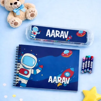 Blast off into creativity with this space-themed drawing book and crayon set, personalized for Aarav. It’s a wonderful gift to encourage any young artist's imagination.