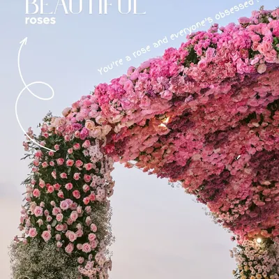 This magnificent floral arch, made of thousands of pink roses and baby's breath, was the centerpiece of a Goa beach wedding. It created a breathtaking frame for the couple against the sky and sea.