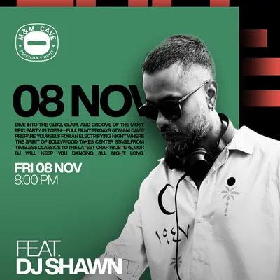 This flyer for 'Filmy Friday' at M&M Cave highlights one of my most popular themed nights. I mix timeless Bollywood classics with the latest chartbusters to keep everyone dancing.