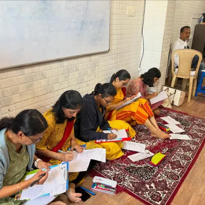 Students diligently writing their theory papers for the Prayag Sangeet Samiti examinations. A strong understanding of musicology and theory is a cornerstone of our curriculum.