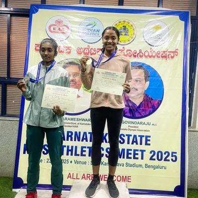 Champions on the podium. Our Under-16 athletes proudly display their gold and silver medals at the Karnataka State Athletics Meet.