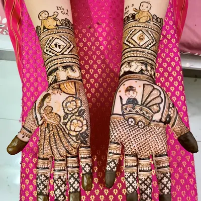 Celebrating a new life with a special baby shower mehendi. This design is full of joy, featuring a mother-to-be, a baby in a pram, and "It's a Girl" text, making it a beautiful and personal way to mark the occasion.