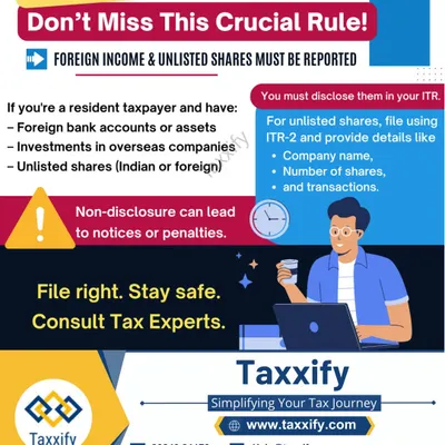 We find that many clients receive tax notices because of incorrect reporting of complex assets. This infographic highlights a critical rule for resident taxpayers: you must disclose all foreign income, overseas assets, and holdings in unlisted shares. Failing to report these correctly can lead to significant penalties, and we ensure your ITR-2 form is filed with complete accuracy.