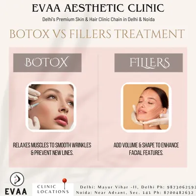 A visual guide comparing Botox and Fillers. Botox relaxes muscles to smooth wrinkles, while fillers add volume and shape to enhance facial features. We can help you decide which is right for you.