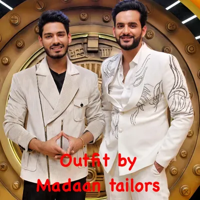 We designed these coordinated modern suits for YouTubers Fukra Insaan and Digvijay Rathee for the show 'Game of Greed'. The outfits feature an embroidered white suit and a structured off-white jacket, showcasing our contemporary design aesthetic.