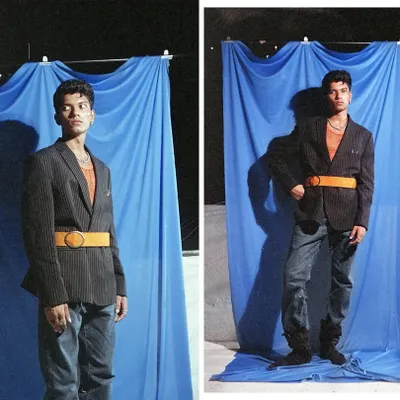 A diptych on 35mm film, showing a model against a vibrant blue backdrop. The film's grain and color saturation give the image a vintage, candid feel, highlighting the styling of the pinstripe blazer and bold yellow belt.