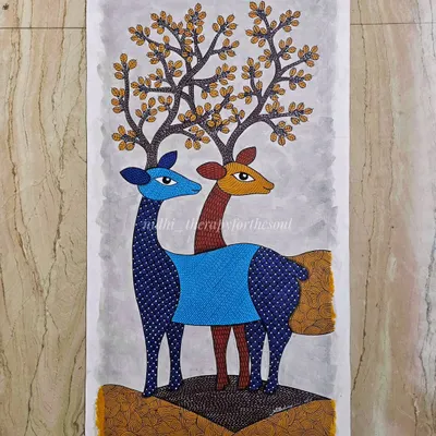 A finished Gond art painting featuring a pair of deer. This piece, created for an architect's project, showcases the fine lines and imaginative patterns typical of this traditional Indian folk art style.
