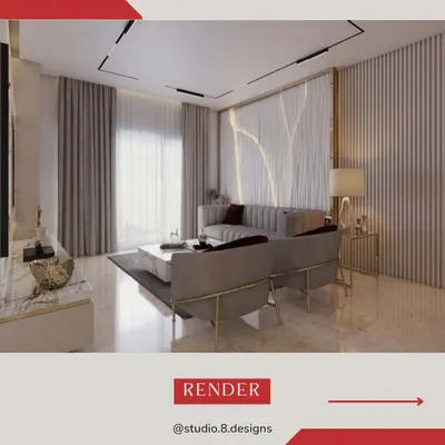 A 3D render of a living room concept, showcasing our vision for a modern space with a striking backlit wall feature and clean lines.