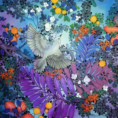 Artist Ganpati Hegde has a unique ability to capture the wonder of nature. This painting, with its intricate foliage and a bird in flight, creates a dense, magical forest that you can get lost in.