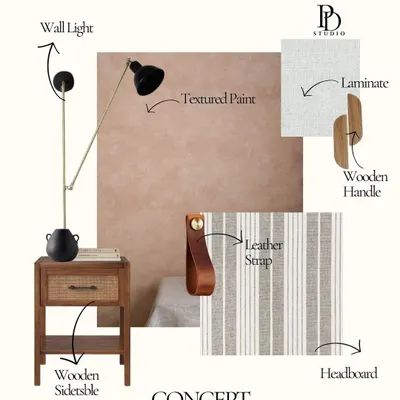 Every project begins with a concept. This mood board for a bedroom combines a textured paint finish, striped linen fabric, a leather strap detail, and a wooden side table to establish the warm, tactile feel of the space.