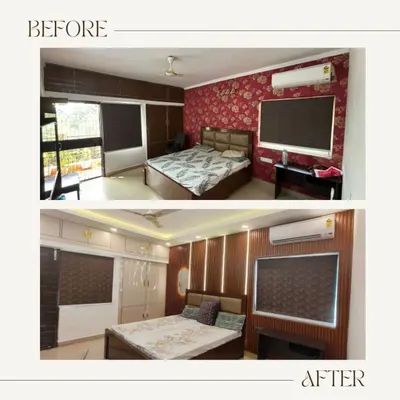 A direct comparison of a bedroom renovation project in Sarita Vihar. The transformation from a room with old wallpaper to one with modern wood paneling, a new false ceiling, and updated furniture shows the impact of a well-planned renovation.