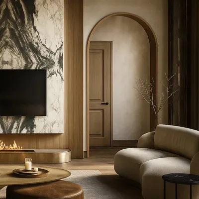 This lounge in a 25,000 sq. ft. Moradabad villa is defined by a bold marble feature wall and a gentle archway leading to other private areas. The design balances dramatic elements with a calm, creamy palette for a feeling of relaxed indulgence.