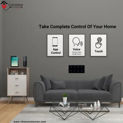 This graphic illustrates the three primary ways you can interact with your smart home system. We ensure you have complete control via a mobile app, voice assistants, or a physical touch interface.