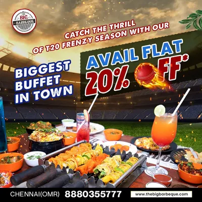 We combine the thrill of cricket with a fantastic feast. This T20 season offer features our biggest buffet spread, complete with live grills, mocktails, and a vibrant stadium atmosphere, all with a special discount.