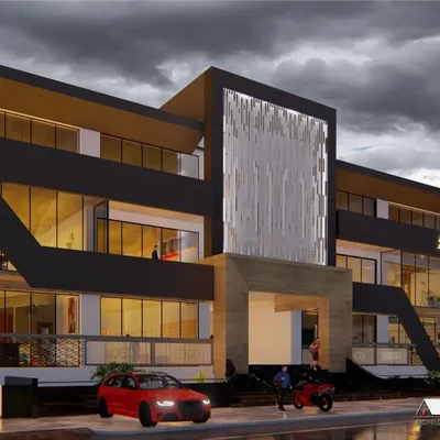 A dramatic evening render of a proposed commercial building. The design features a prominent illuminated facade, extensive use of glass, and a bold, contemporary form to create a landmark structure.